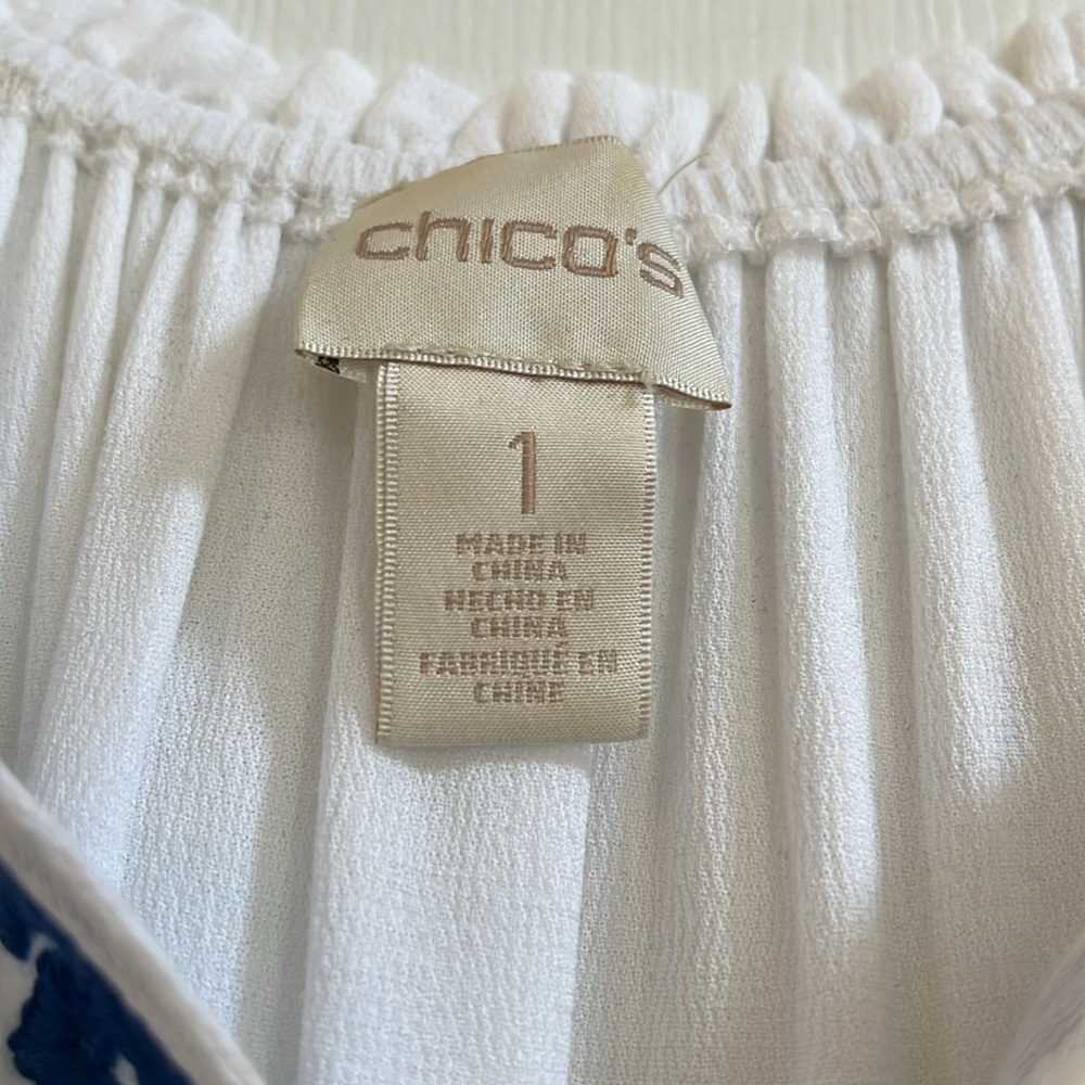 CHICO’S SUMMER EMBROIDERY TUNIC TOP WHITE BLUE CHICOS SIZE 1 SMALL - Picture 8 of 13